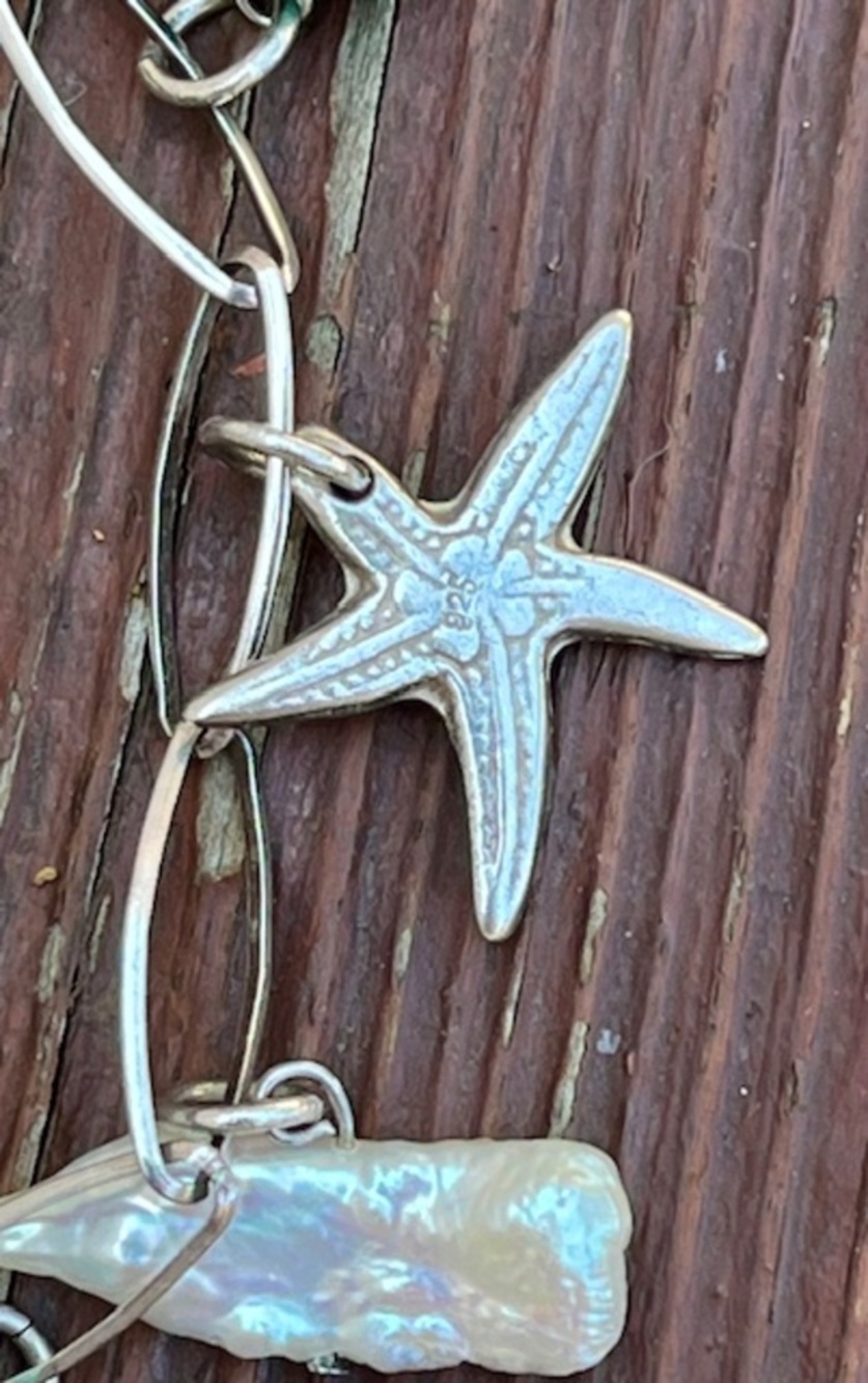 Turquoise Beads Mother Of Pearl with Starfish Charms Silver Bracelet 8" NWOT - Picture 4 of 6